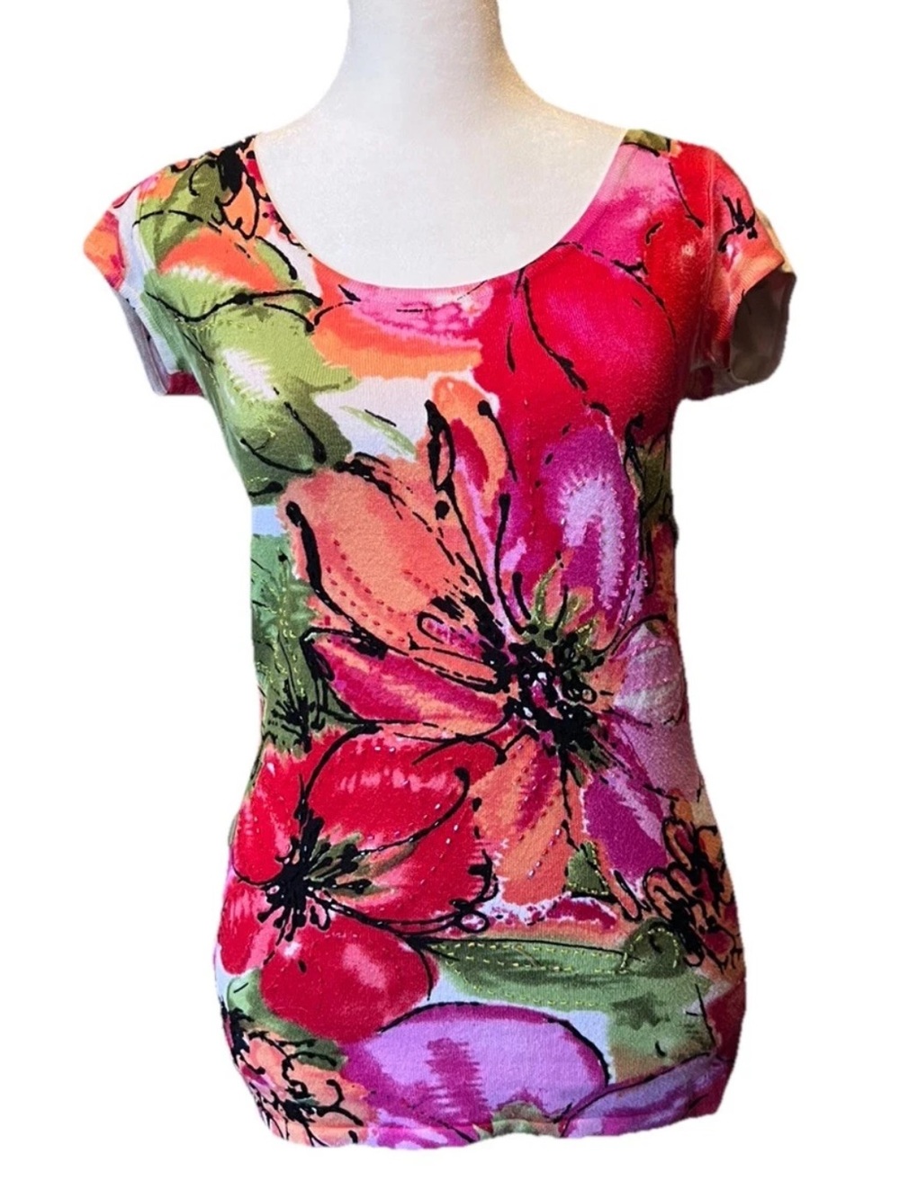 Vintage Cache Colorful Floral Beaded Rhinestone Cap Sleeve Shirt Women’s XS